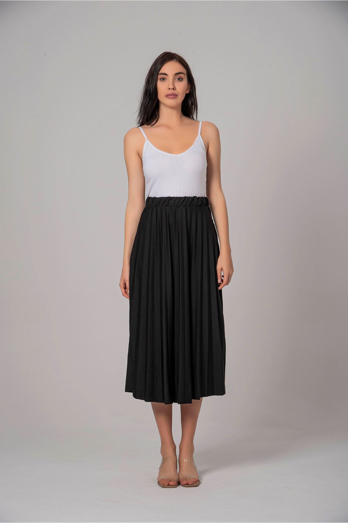 Lycra Knit FabricMidi Comfy Fit Pleated Women'S Skirt - Black