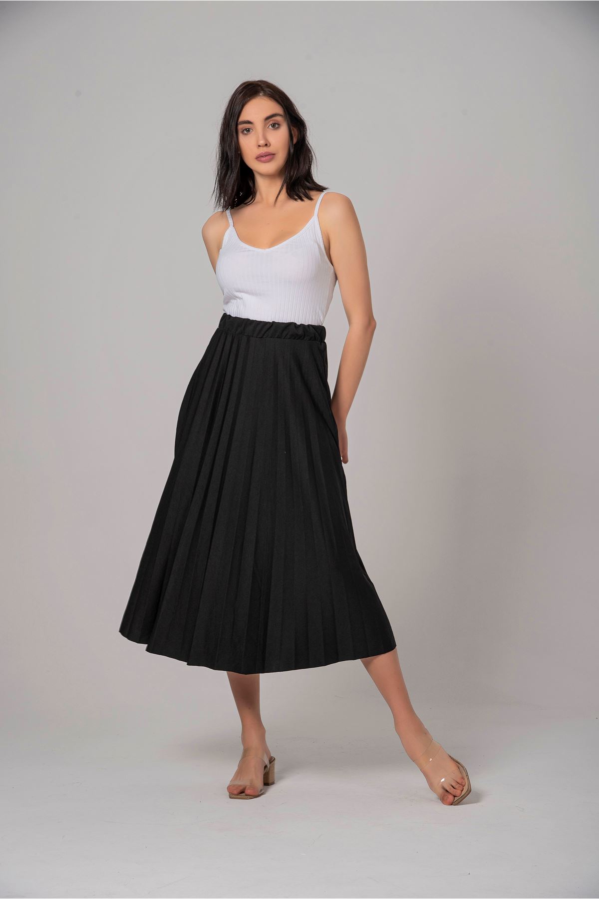 Трикотажная ткань из лайкры длина миди Плиссированная женская юбка - Чёрный