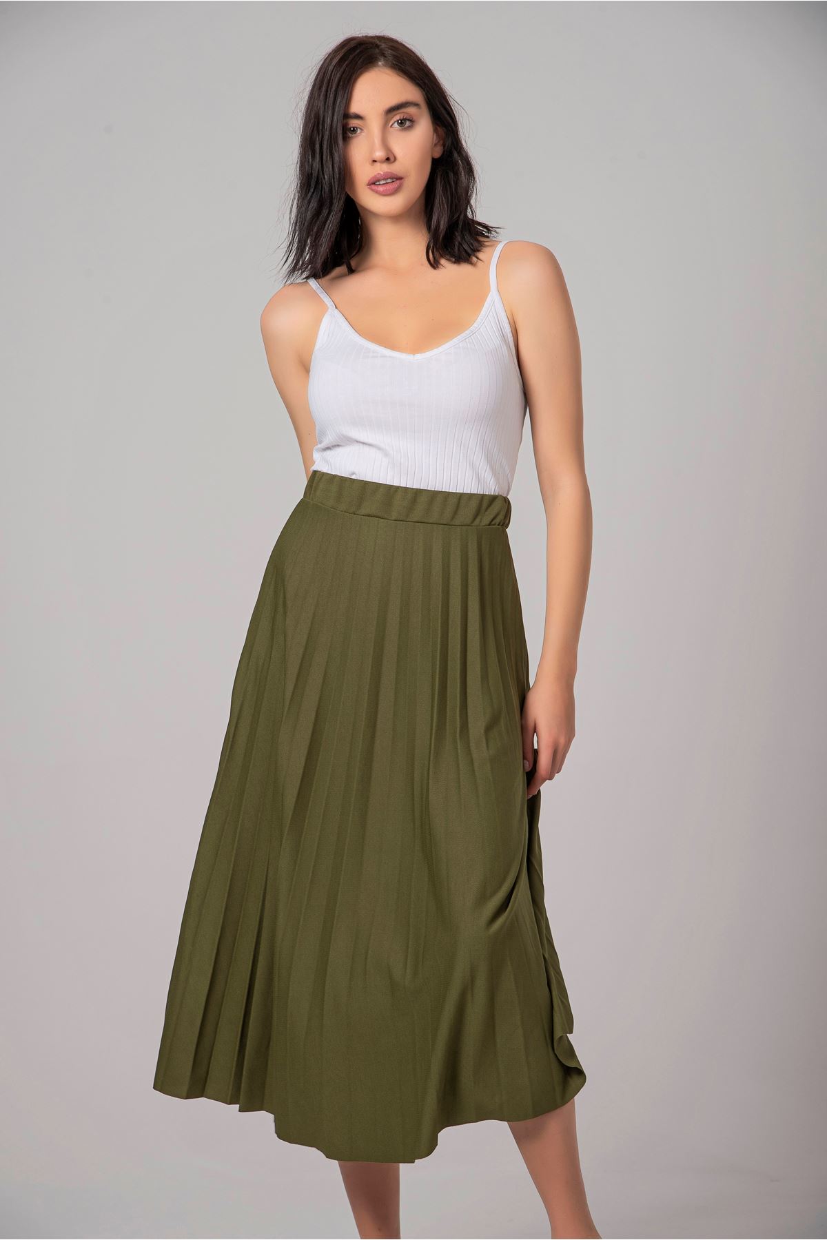 Lycra Knit FabricMidi Comfy Fit Pleated Women'S Skirt - Khaki 