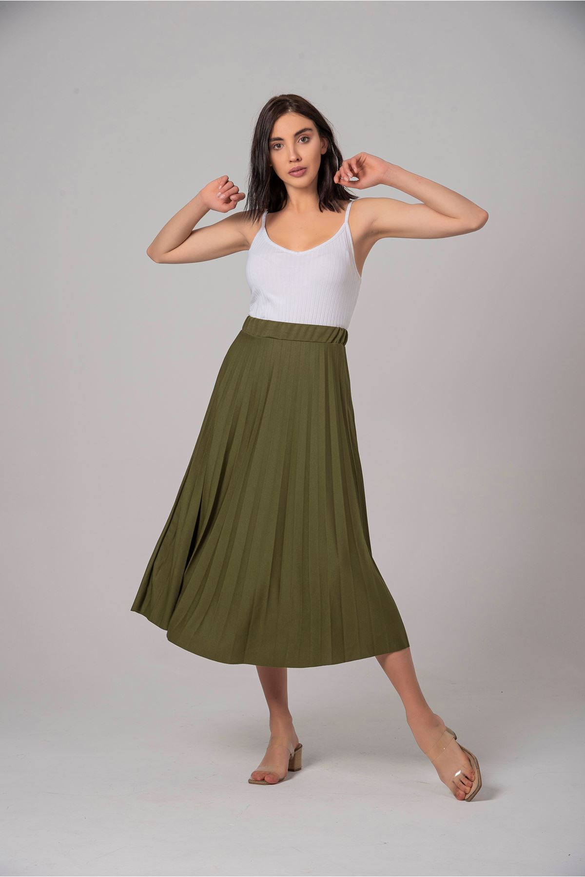 Lycra Knit FabricMidi Comfy Fit Pleated Women'S Skirt - Khaki 