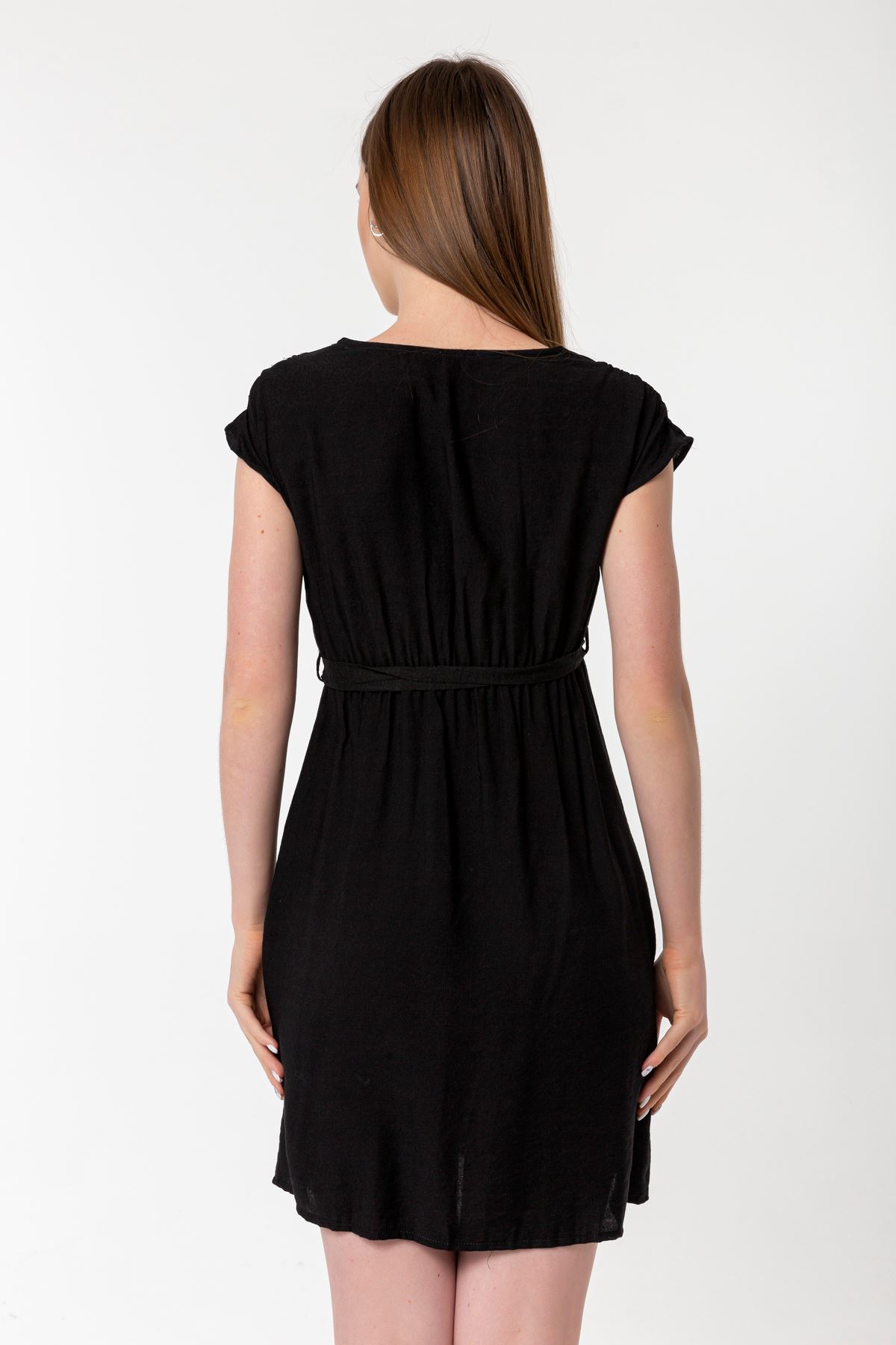 льняный ткань V-образный вырез до колен женское платье - Чёрный