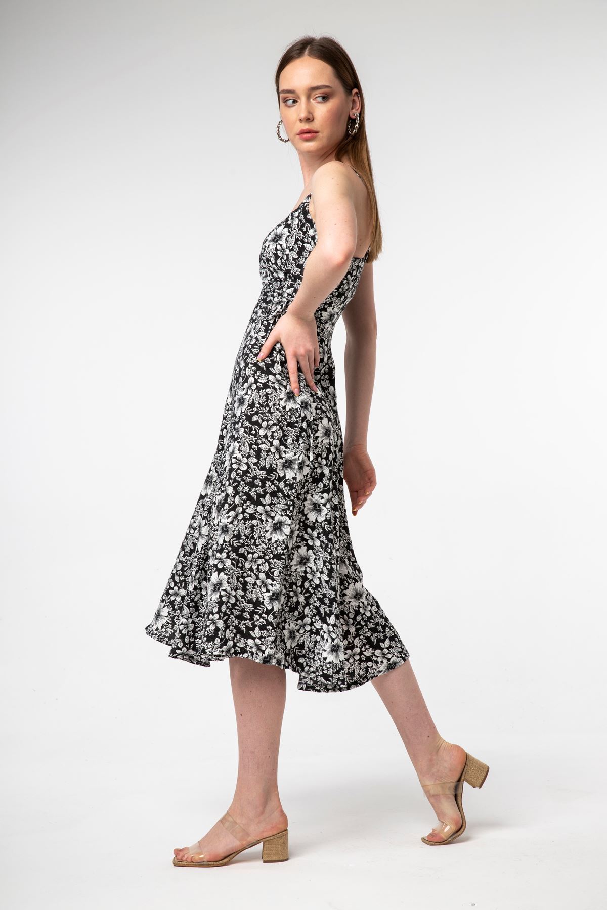 Brocade Fabric V Neck Full Fit Floral Print Women Dress - Black
