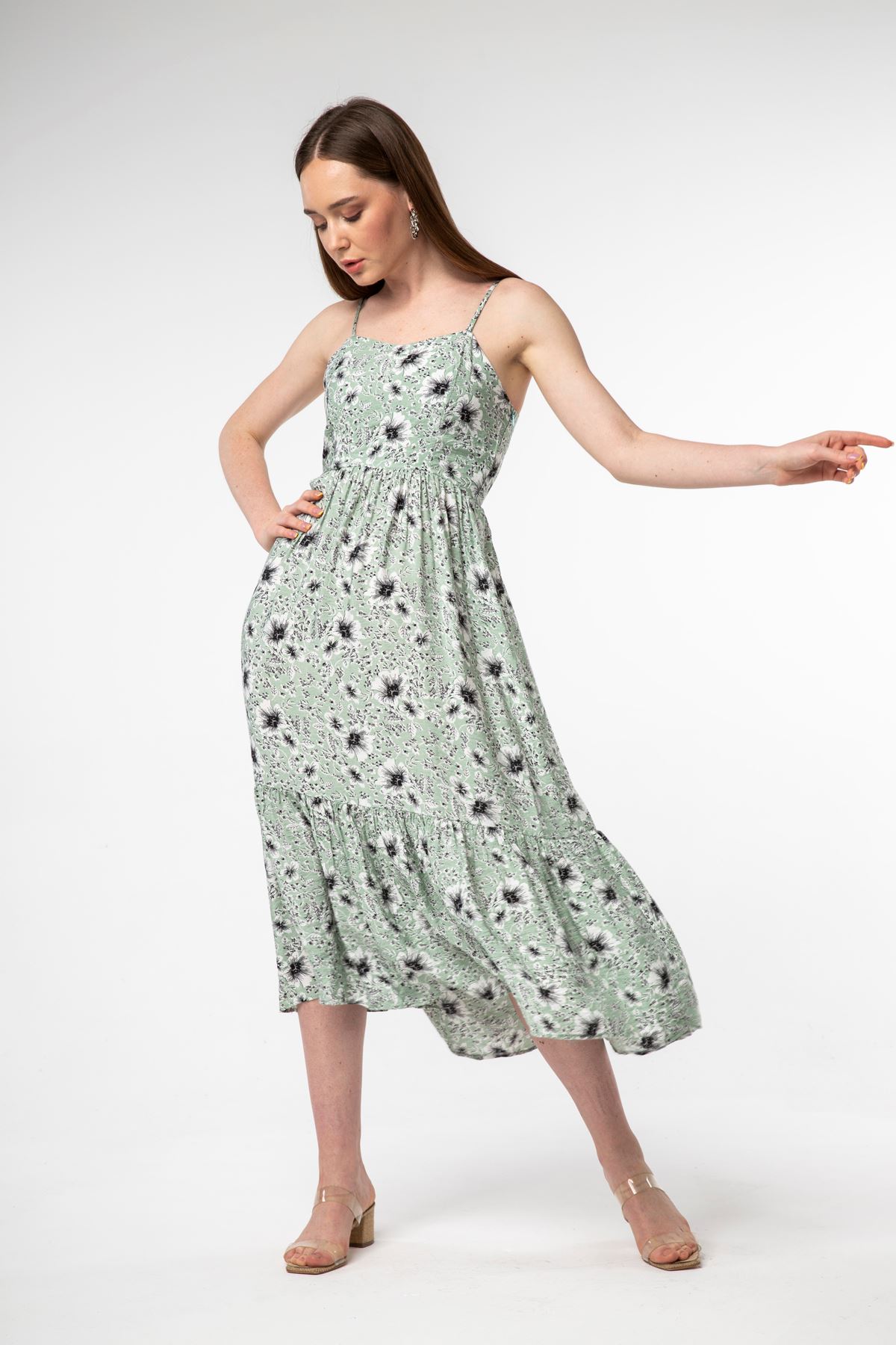Brocade Fabric Straped Floral Print Hanging Rope Women Dress - Mint