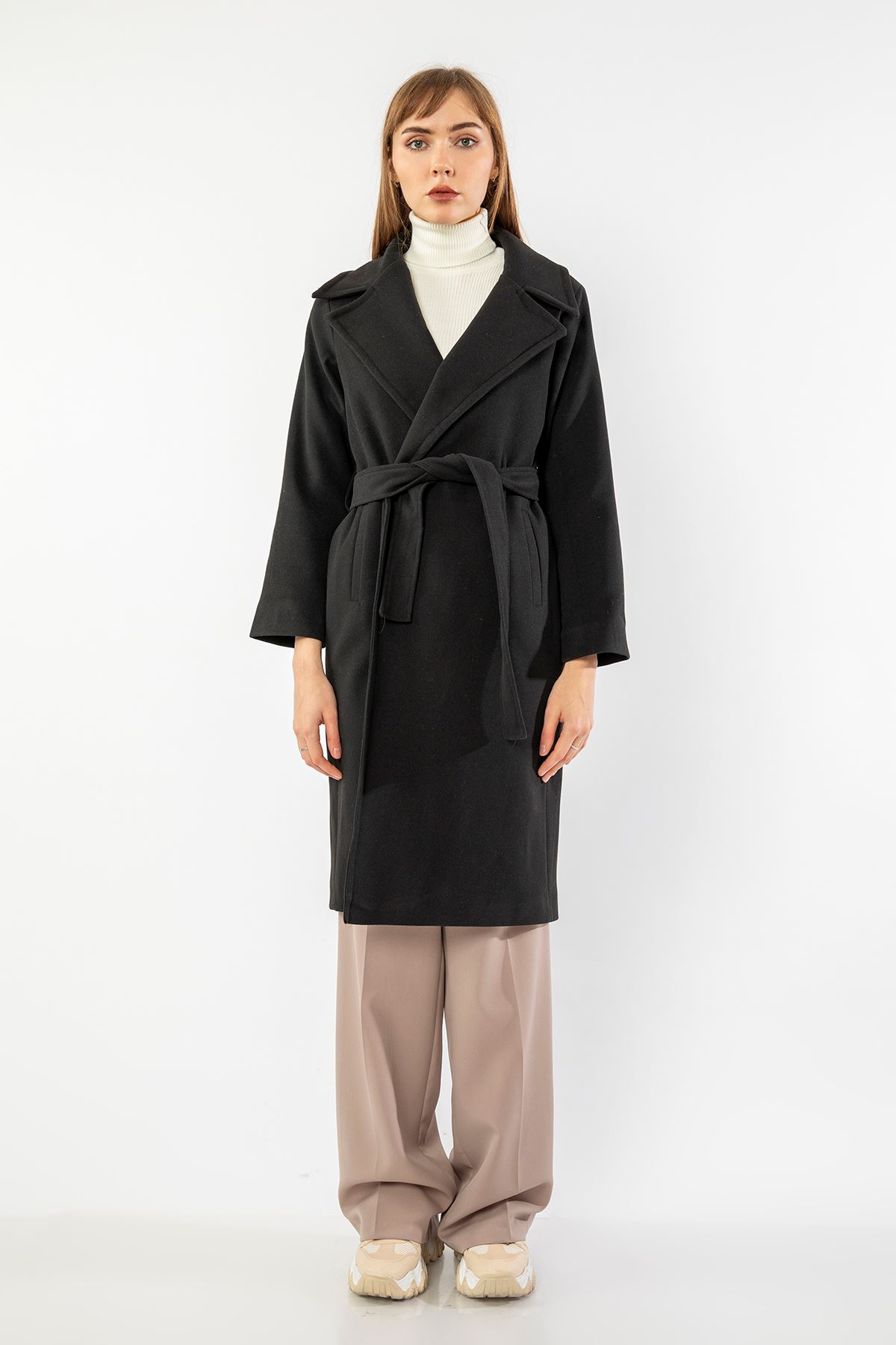 Kaşe Kumaş Uzun Kol Ceket Yaka Uzun Boy Kuşaklı Kadın Kaban-Siyah