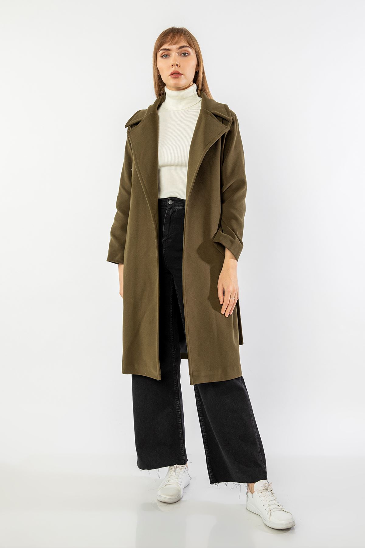 Long Sleeve Revere Collar Long Belted Women'S Coat - Khaki 