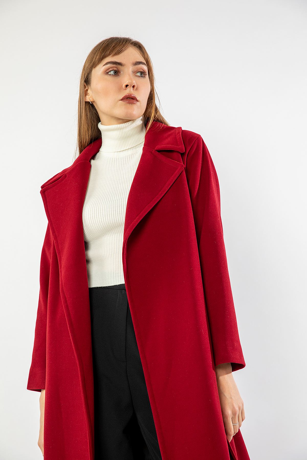 Long Sleeve Revere Collar Long Belted Women'S Coat - Burgundy