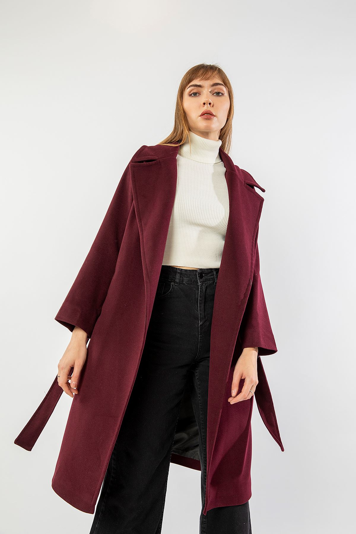 Long Sleeve Revere Collar Long Belted Women'S Coat - Plum