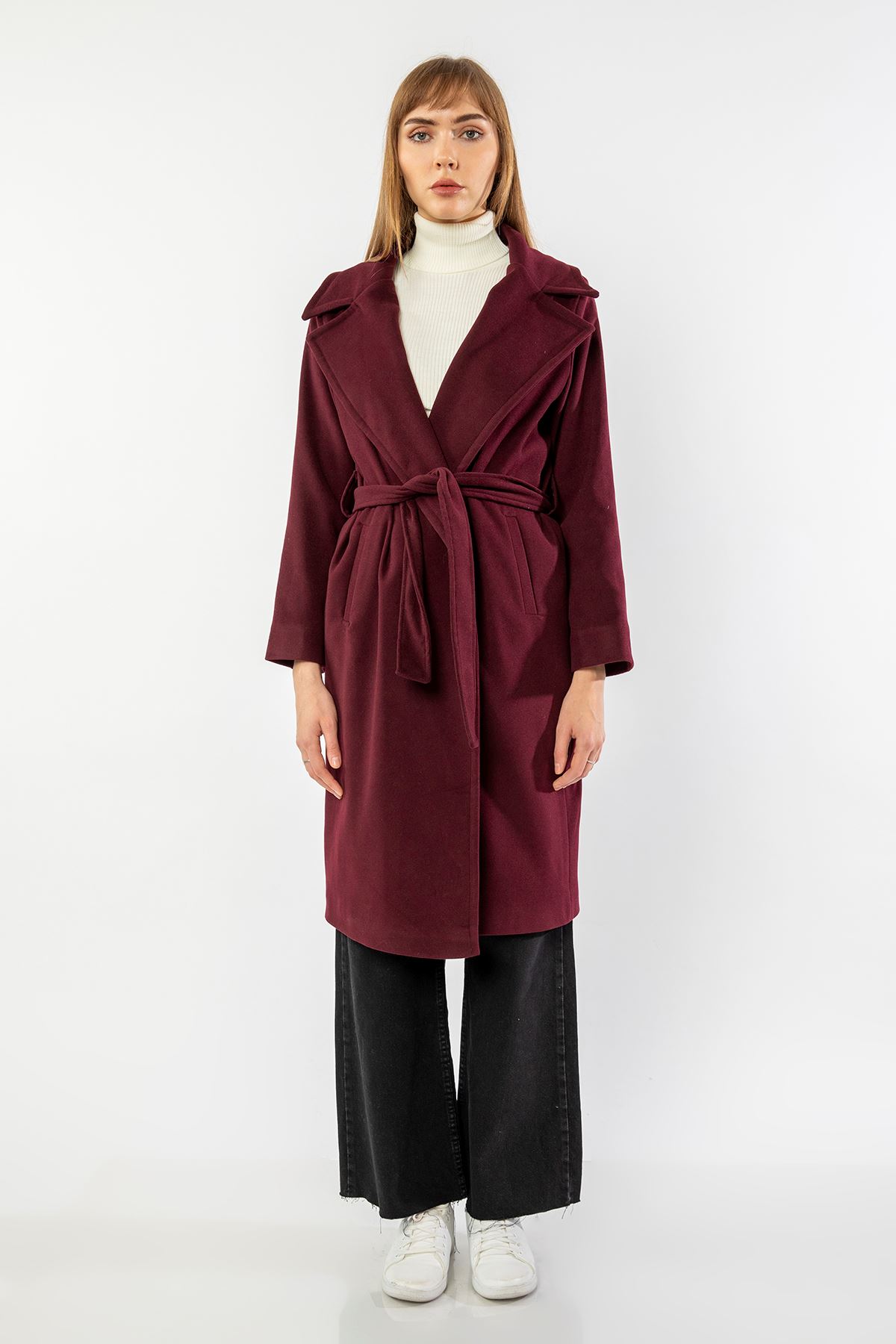 Long Sleeve Revere Collar Long Belted Women'S Coat - Plum