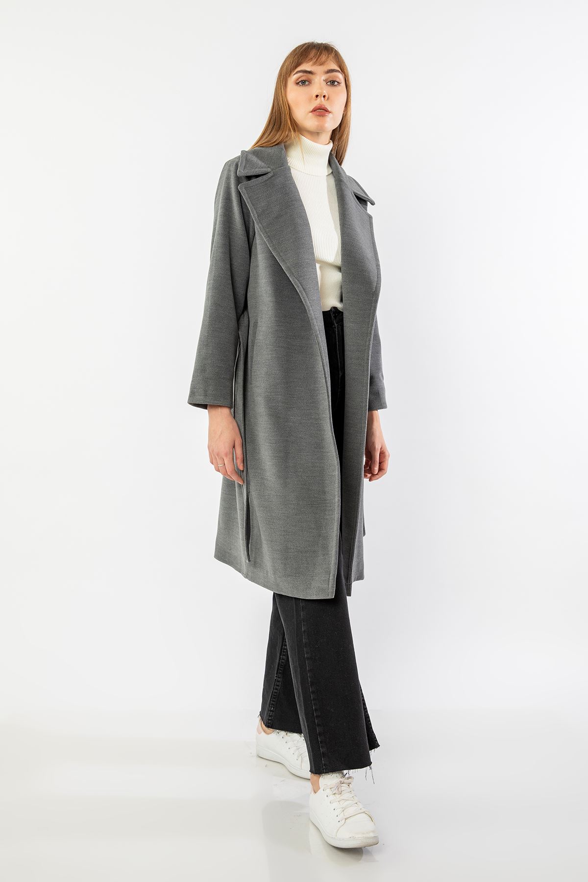 Kaşe Kumaş Uzun Kol Ceket Yaka Uzun Boy Kuşaklı Kadın Kaban-Antrasit