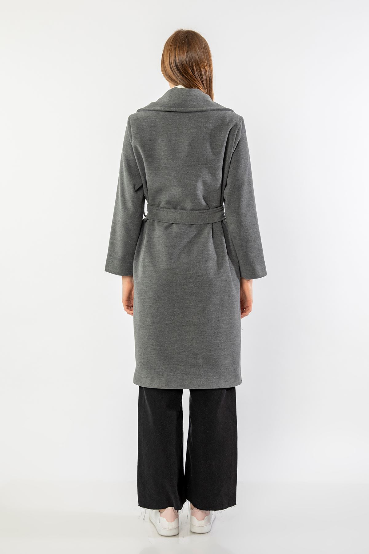 шерстяная ткань воротник длинный джоггеры женское пальто - Темно серый