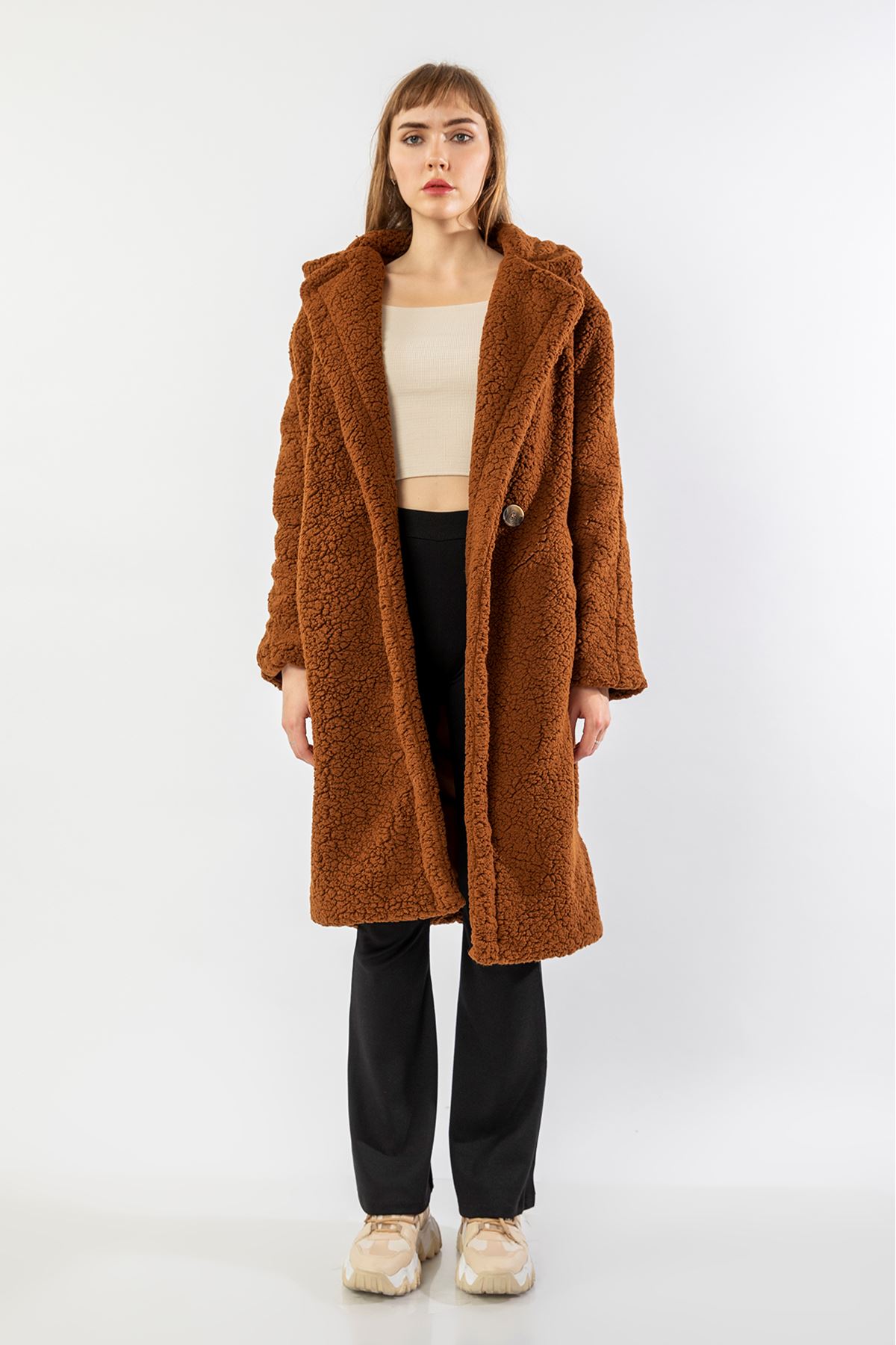 Teddy Fabric Long Sleeve Revere Collar Long Oversize Women'S Coat - Brown
