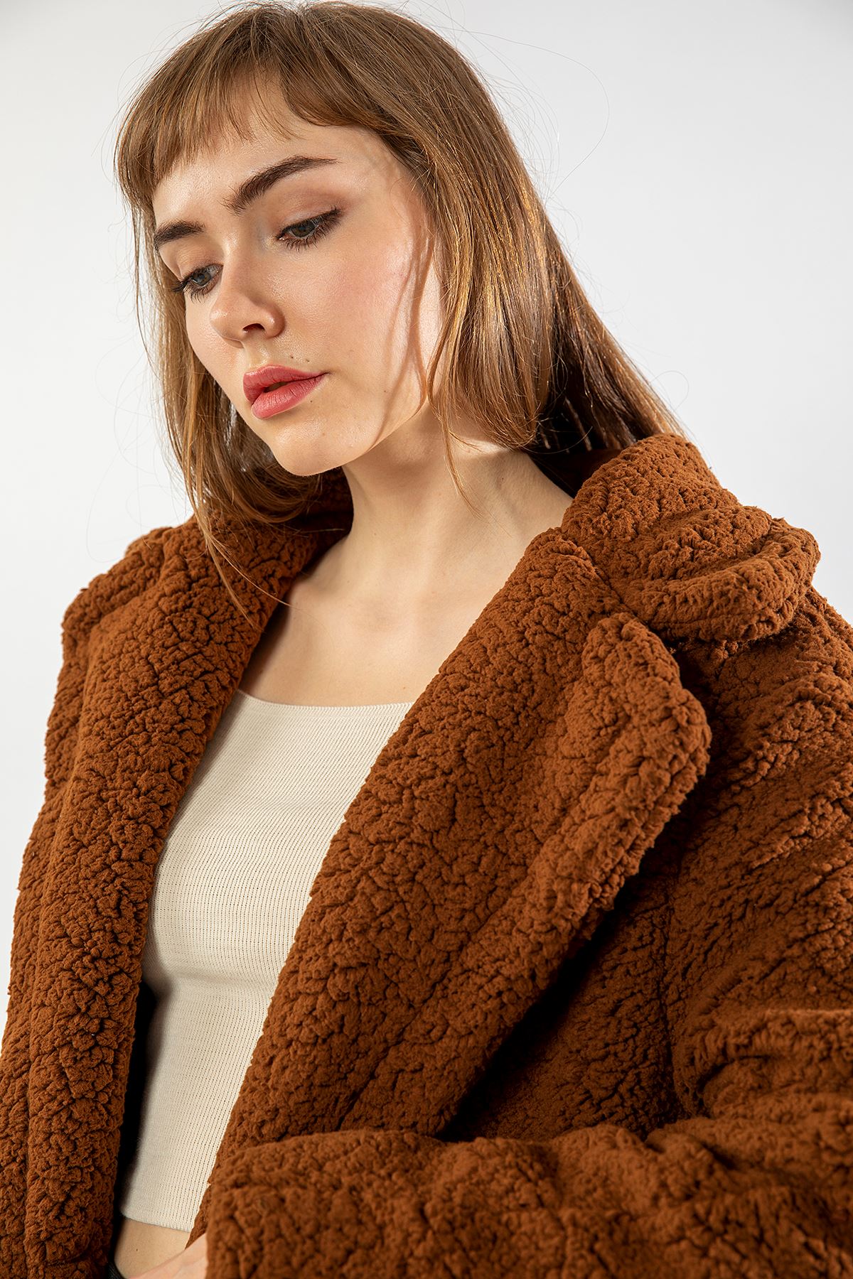 Teddy Fabric Long Sleeve Revere Collar Long Oversize Women'S Coat - Brown