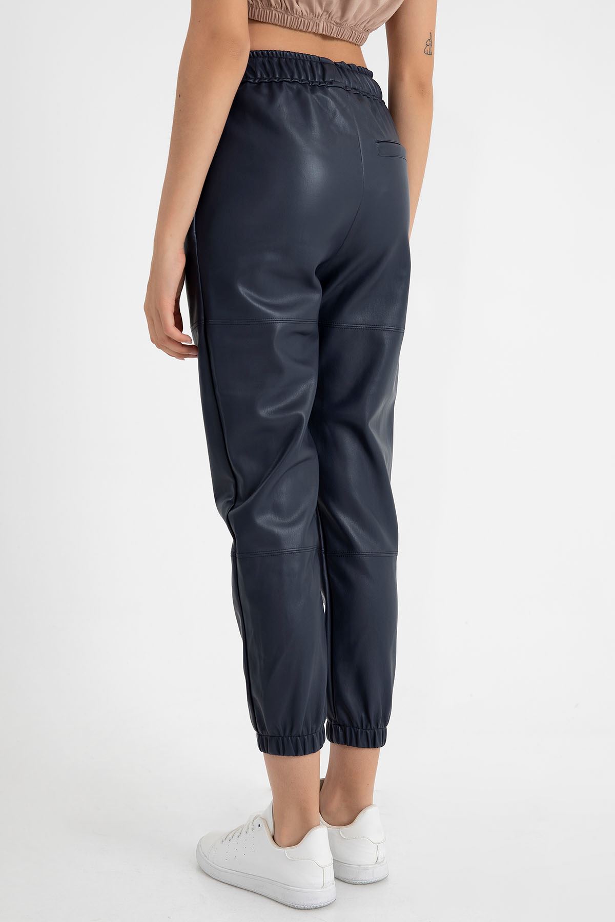Faux Leather Comfy Fit Women'S Trouser With Elastic Hems - Navy Blue 