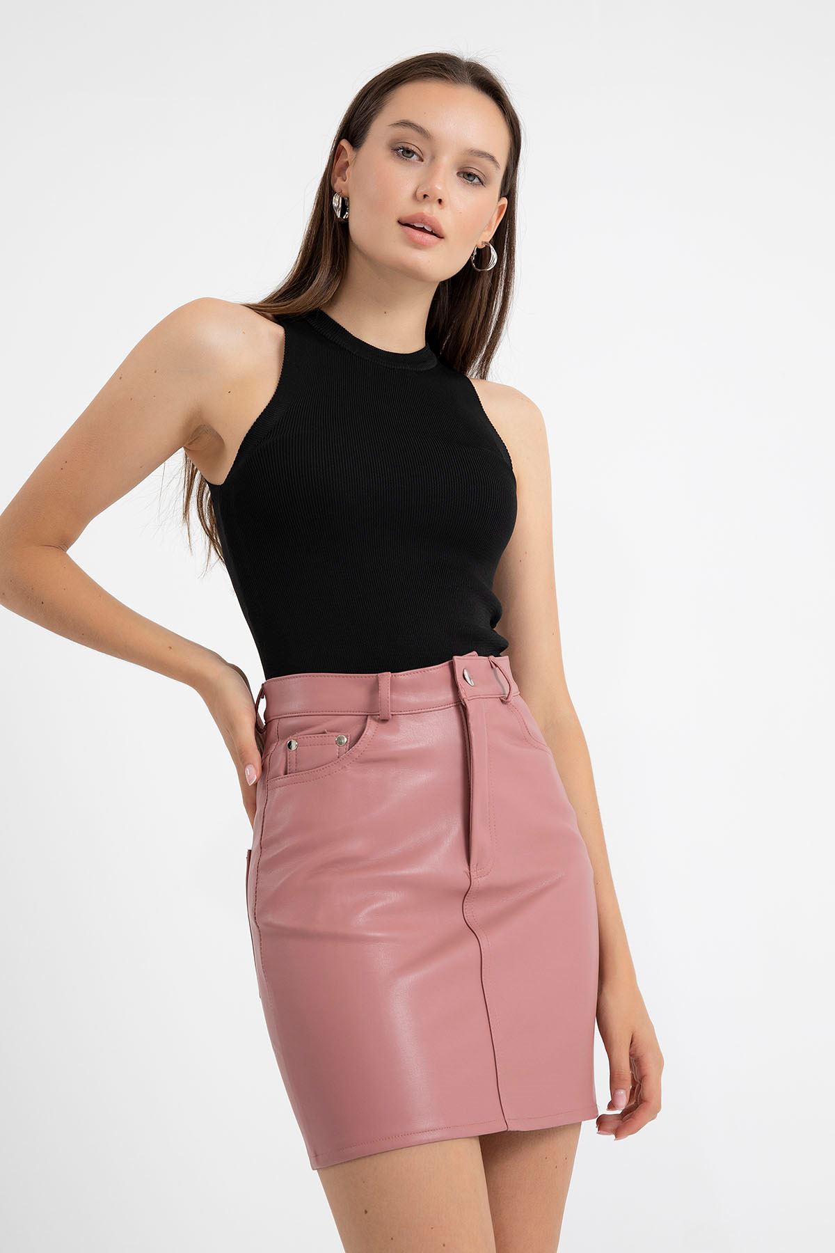Leather Fabric Tight Fit Midi Skirt - Light Pink