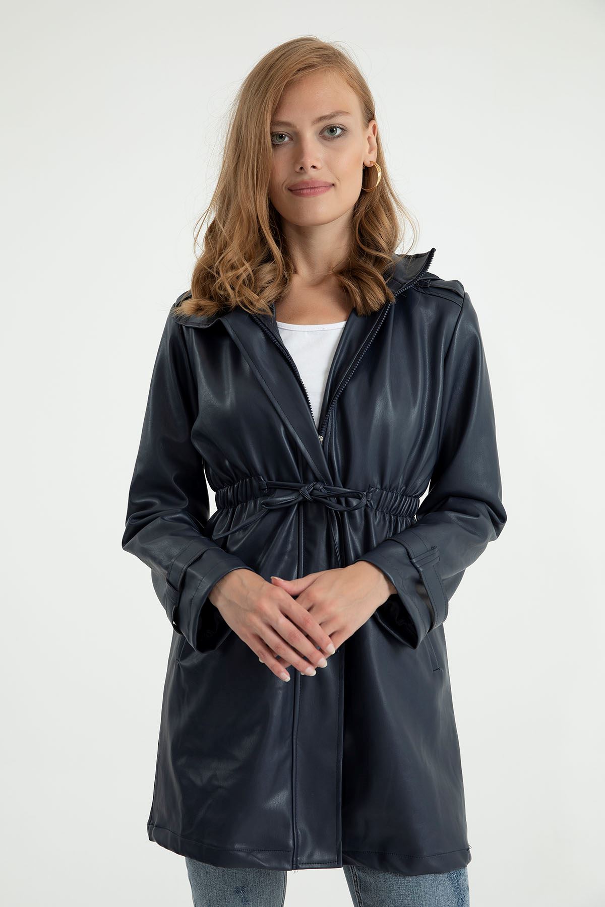 Faux Leather Long Sleeve Zip Neck Full Fit Women Trench Coat - Navy Blue 