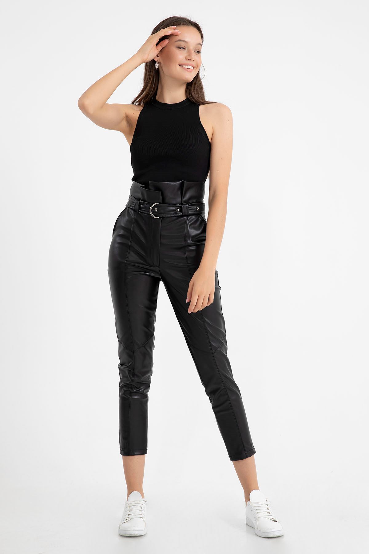 Zara Deri Bilek Boy Dar Kalıp Yüksel Bel Kemerli Kadın Pantolon-Siyah