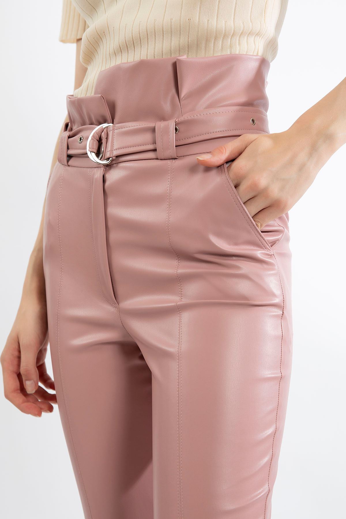 зара экокожа ткань Женские брюки с высокой посадкой с ремнем - Светло розовый