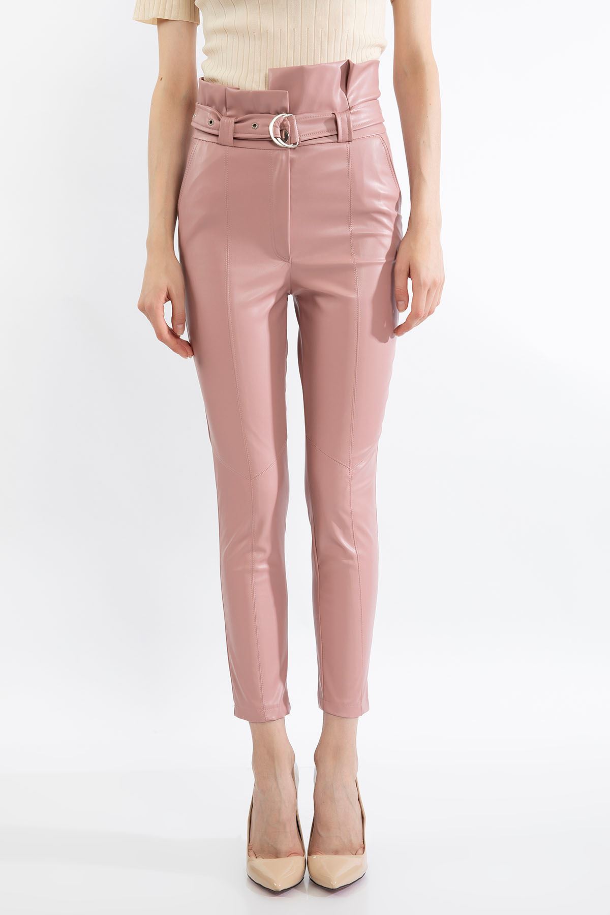 Zara Leather Fabric Ankle Length Tight Fit High Waist Belt Women'S Trouser - Light Pink