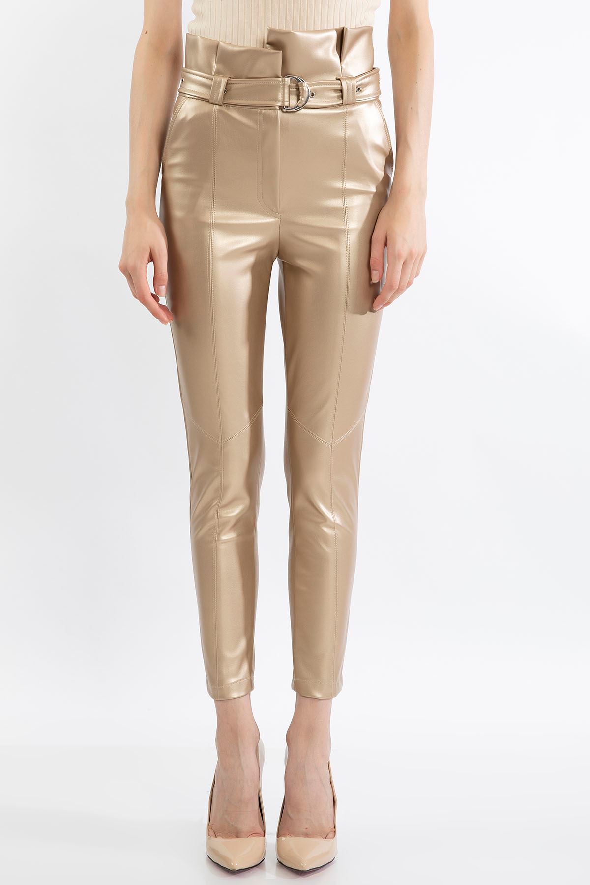 Zara Leather Fabric Ankle Length Tight Fit High Waist Belt Women'S Trouser - Gold