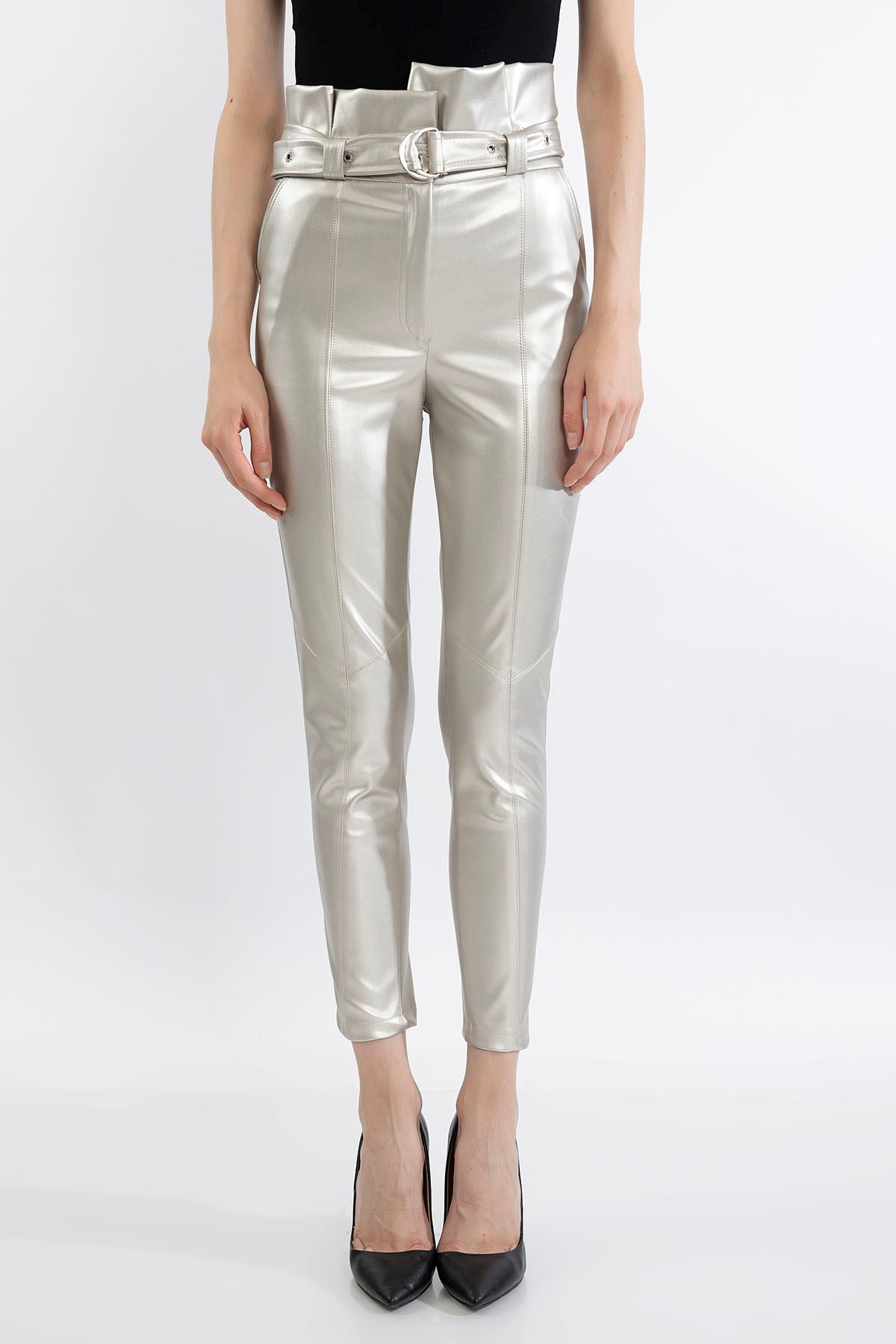 Zara Leather Fabric Ankle Length Tight Fit High Waist Belt Women'S Trouser - Silver