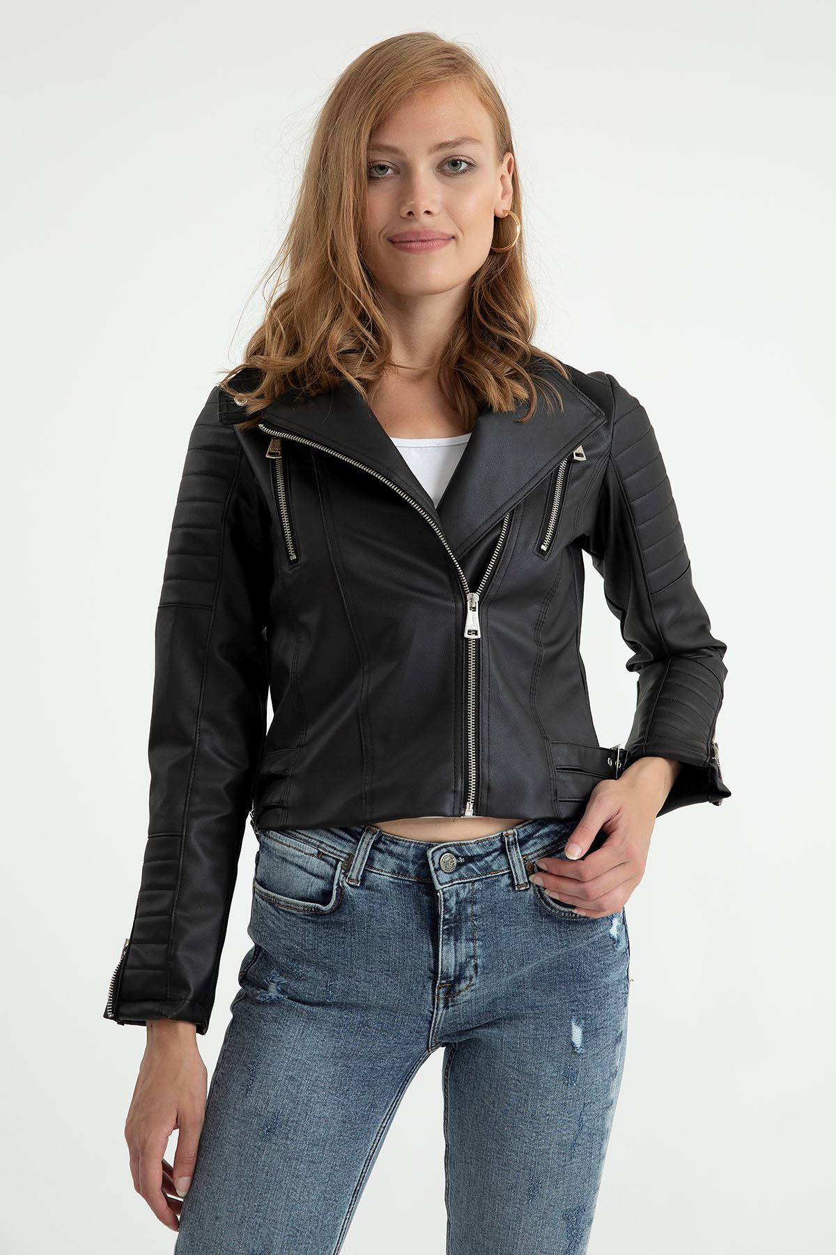 экокожа тканьна молнии женский пиджак - Чёрный