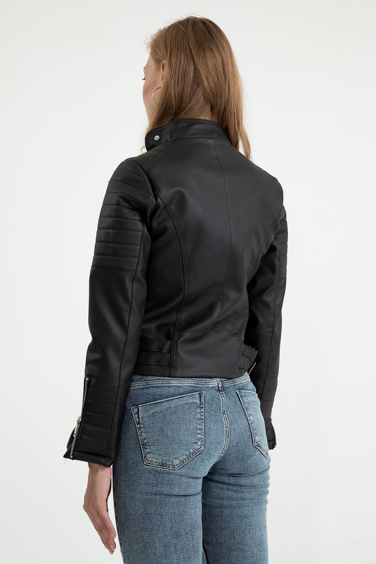 экокожа тканьна молнии женский пиджак - Чёрный