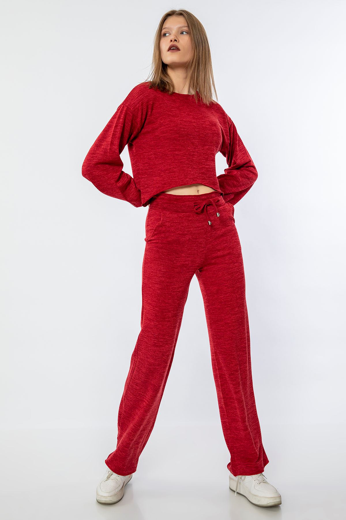 Melange Fabric Long Sleeve Bicycle Collar Long Wide Women'S Set - Red