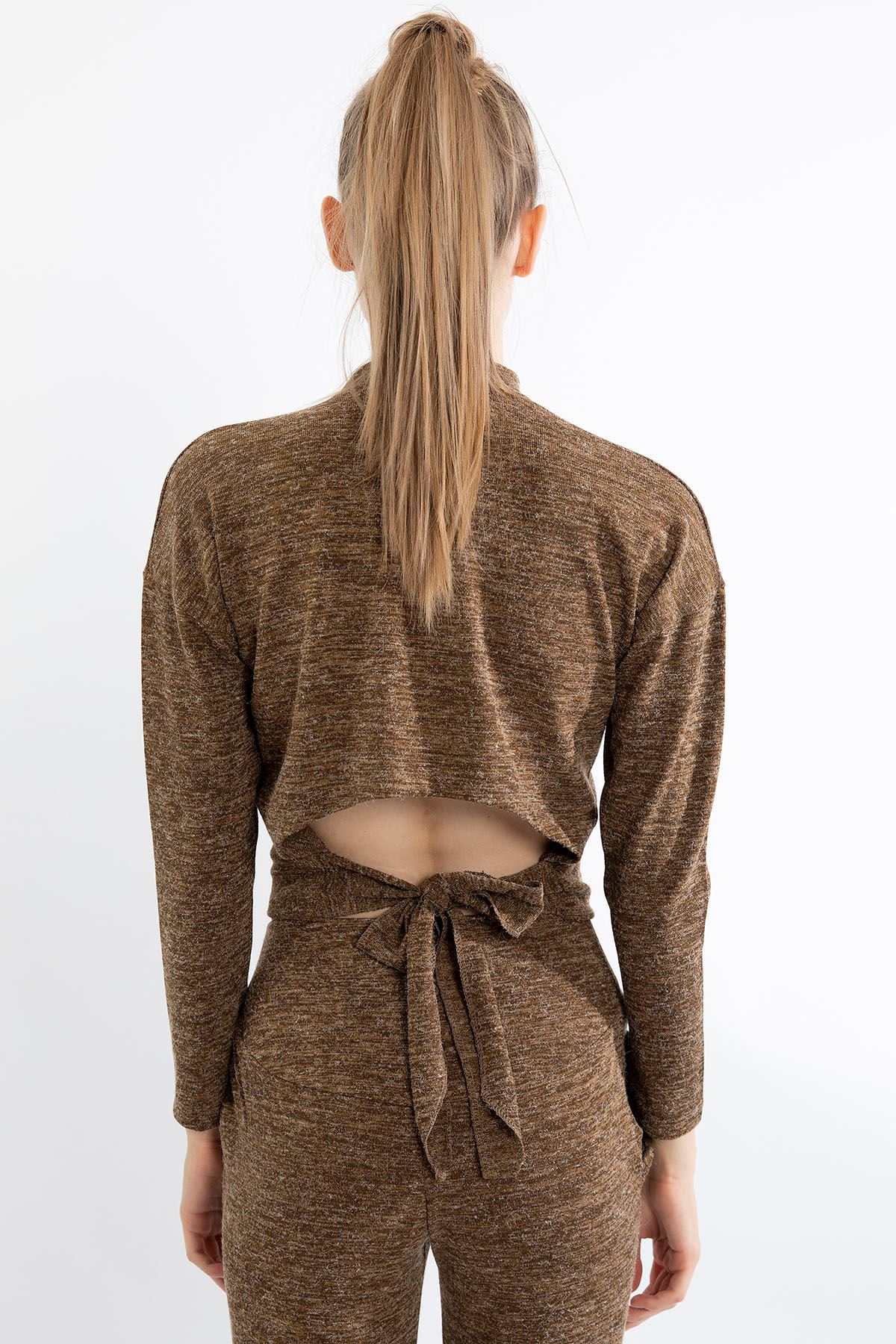 Вязаный Меланж ткань стойка воротник женская блузка - Коричневый