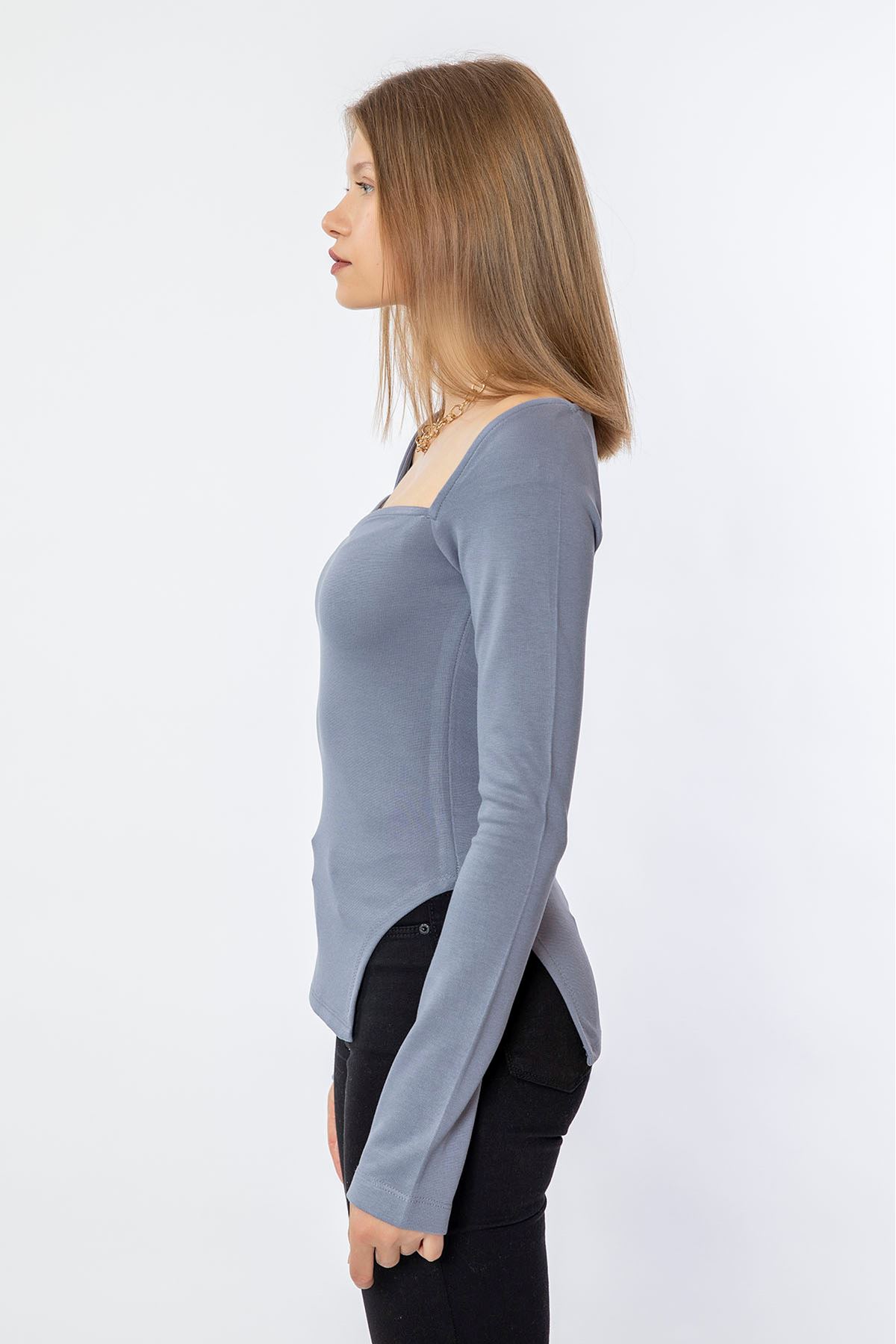 Çelik Örme Kumaş Uzun Kol Kalp Yaka Asimetrik Detaylı Kadın Bluz-Bebemavi