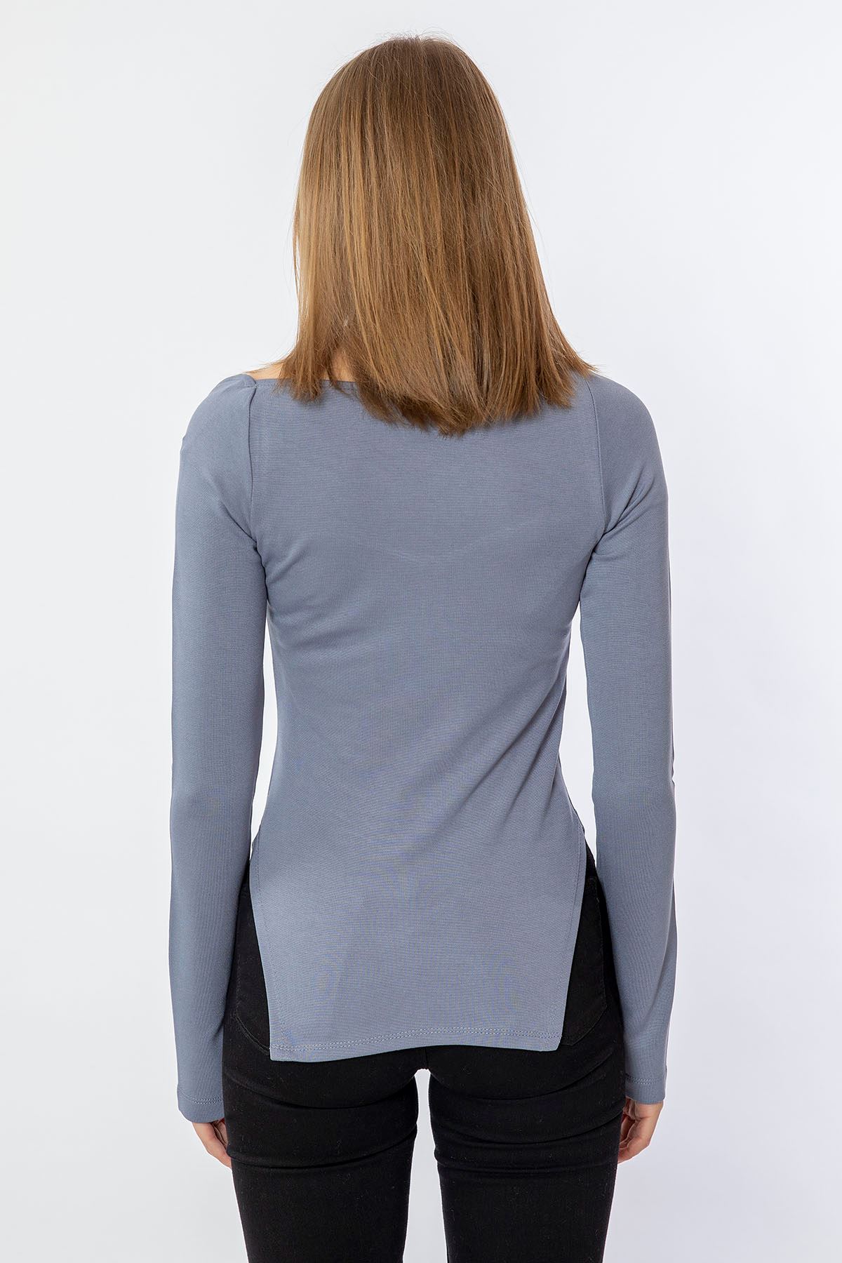 длинный рукав с квадратном вырезом асимметричная женская блузка - Голубой
