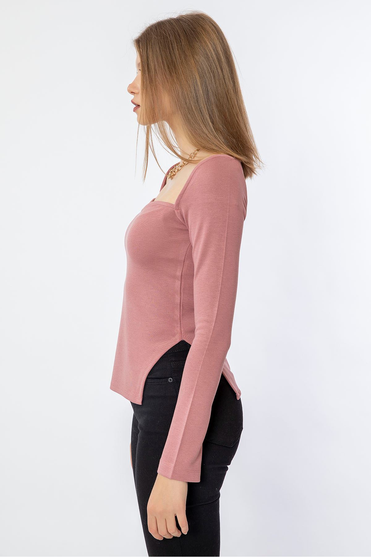 Strawberry Knit Fabric Heart Collar Asymmetrical Blouse - Light Pink
