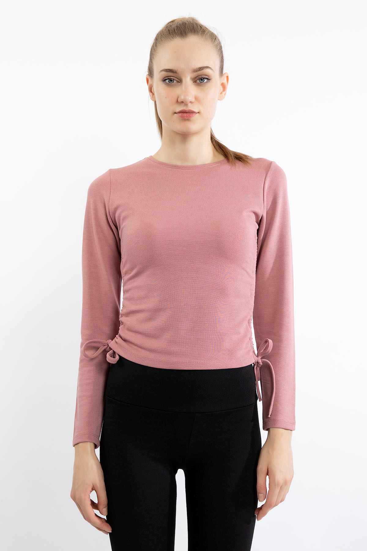 Strawberry Knit Fabric Bike Collar Shirred Sides Blouse - Rose 