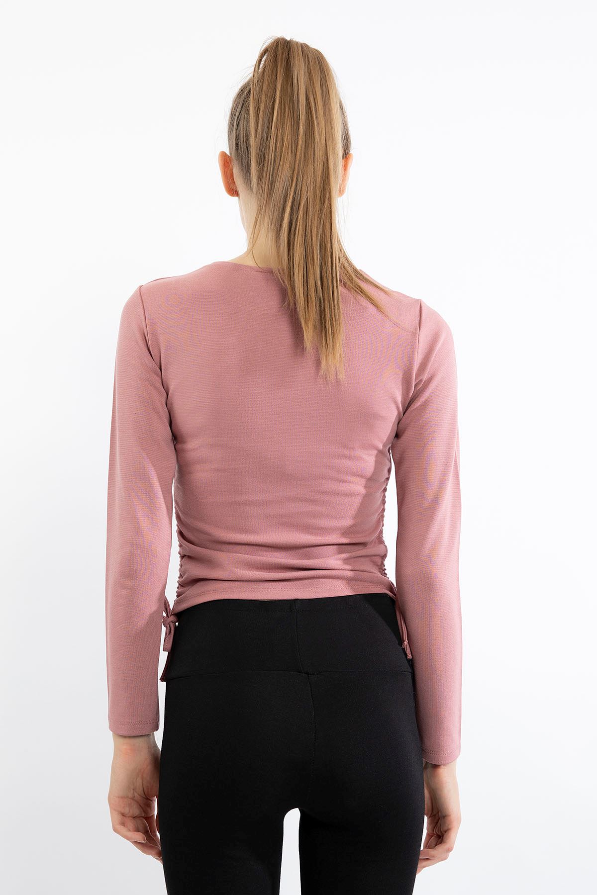 длинный рукав с круглым вырезом женская блузка со сборками по бокам - Розовый