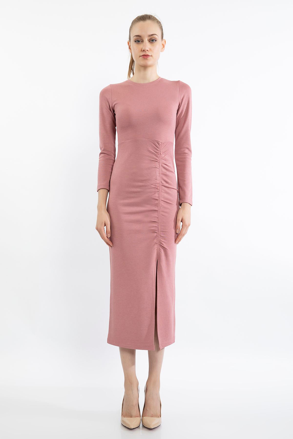 Çelik Örme Kumaş Dar Kalıp Büzgü Detay Yırtmaçlı Kadın Elbise-Gül Kurusu