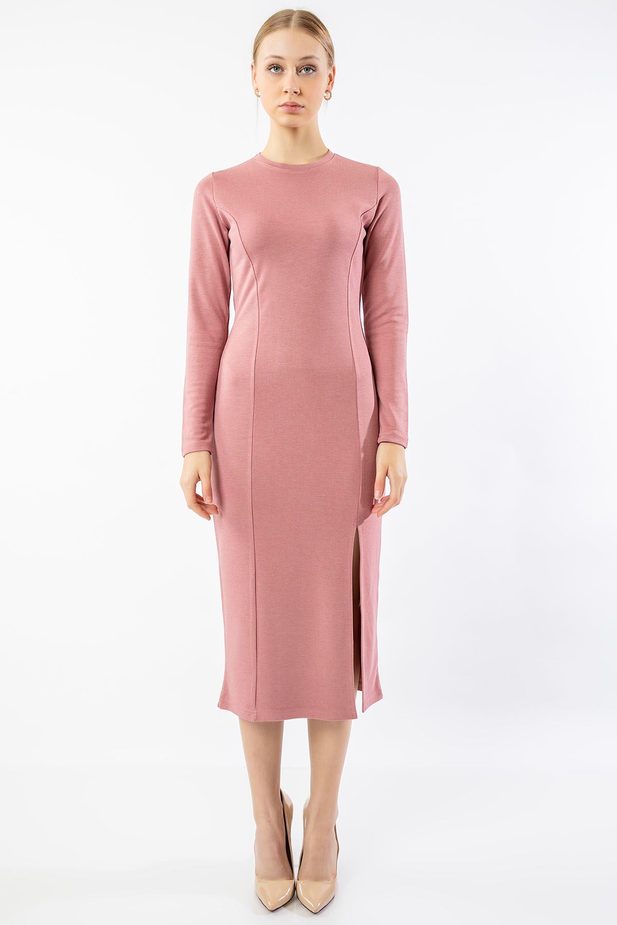 Knit Fabric Long Sleeve Bicycle Collar Tight Fit Slit Mini Women Dress - Rose 