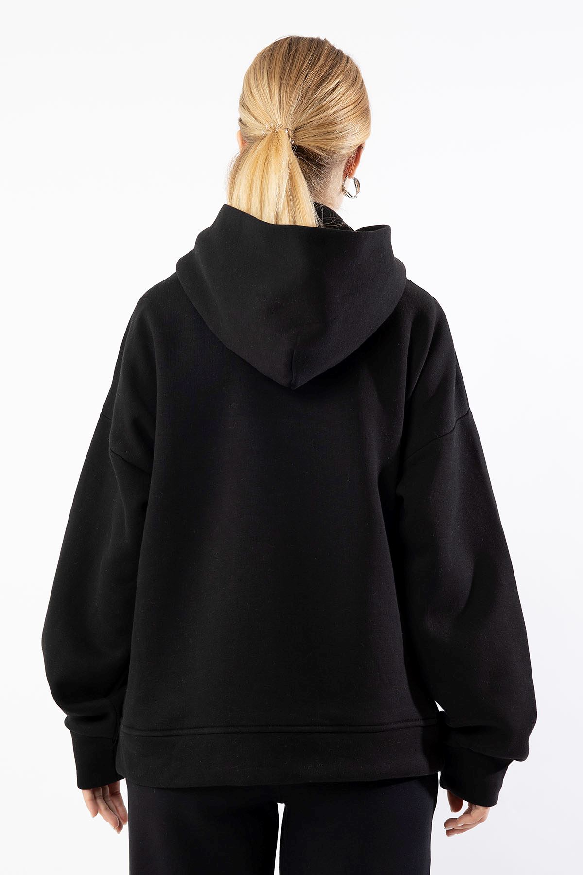Third Knit Fabric Hooded Below The Hip Oversize Button Women Sweatshirt - Black