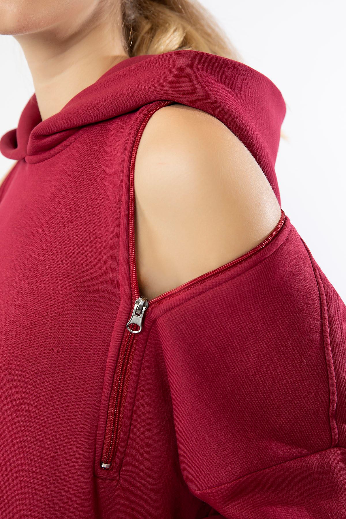 Third Knit Fabric Hooded Below The Hip Oversize Button Women Sweatshirt - Burgundy