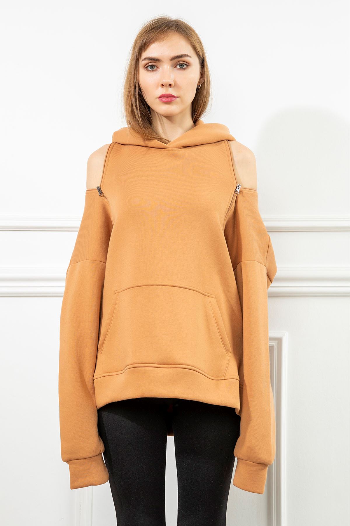 Third Knit Fabric Hooded Below The Hip Oversize Button Women Sweatshirt - Light Brown