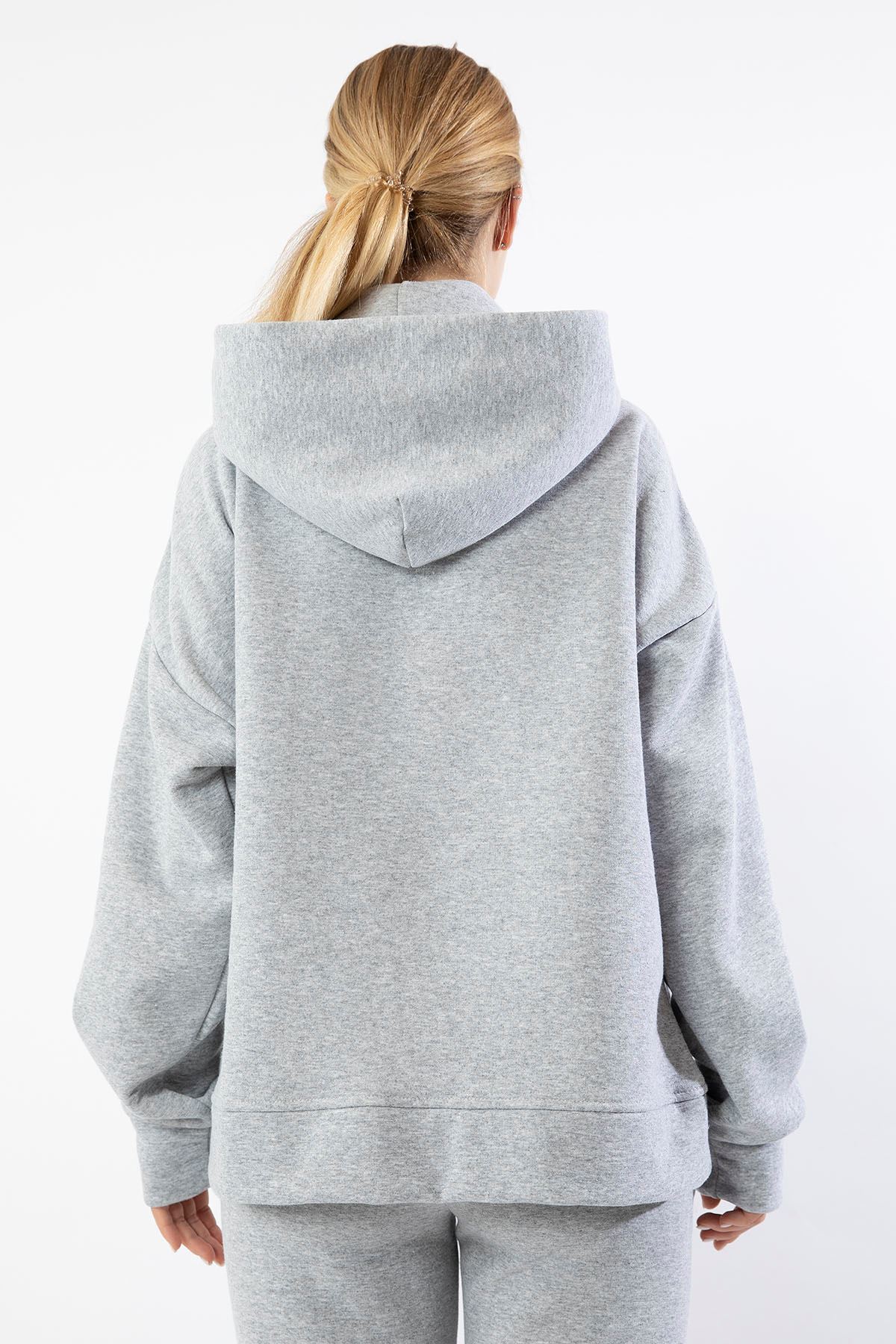 Third Knit Fabric Hooded Below The Hip Oversize Button Women Sweatshirt - Grey