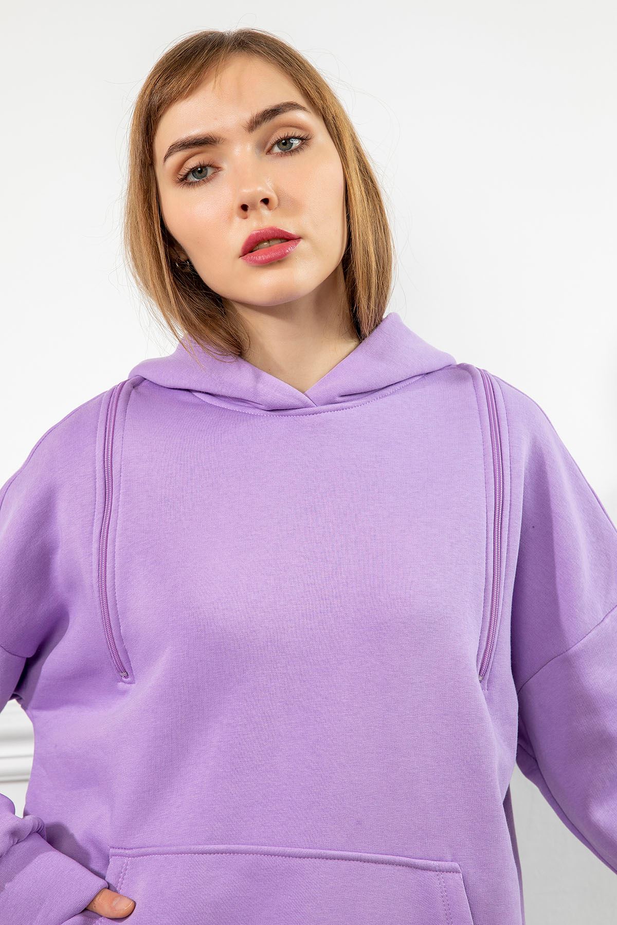 Third Knit Fabric Hooded Below The Hip Oversize Button Women Sweatshirt - Lilac