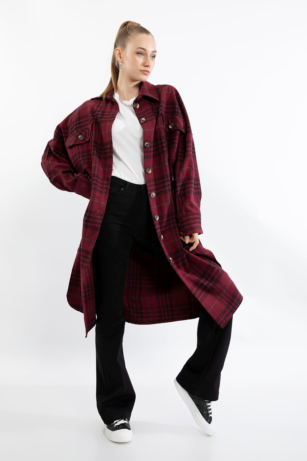 Lumberjack Fabric Long Sleeve Long Oversize Plaid Women'S Shirt - Burgundy
