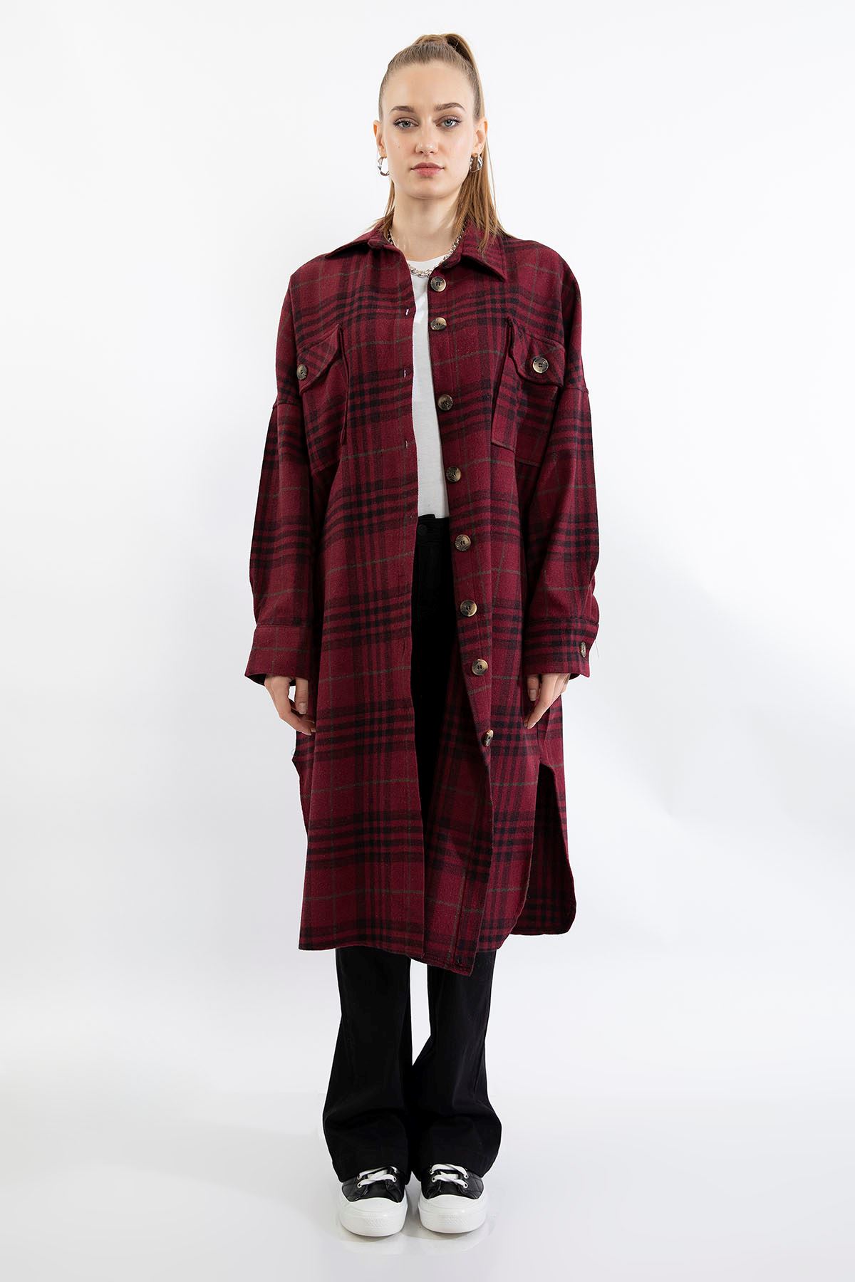 Lumberjack Fabric Long Sleeve Long Oversize Plaid Women'S Shirt - Burgundy