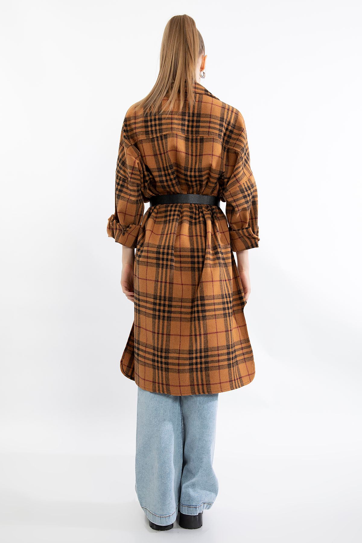 Lumberjack Fabric Long Sleeve Long Oversize Plaid Women'S Shirt - Light Brown
