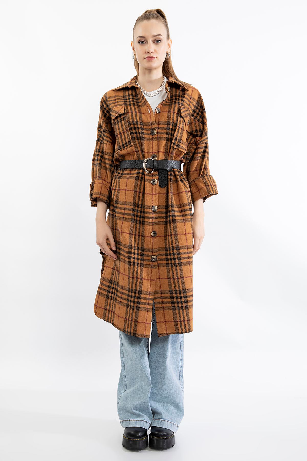 Lumberjack Fabric Long Sleeve Long Oversize Plaid Women'S Shirt - Light Brown