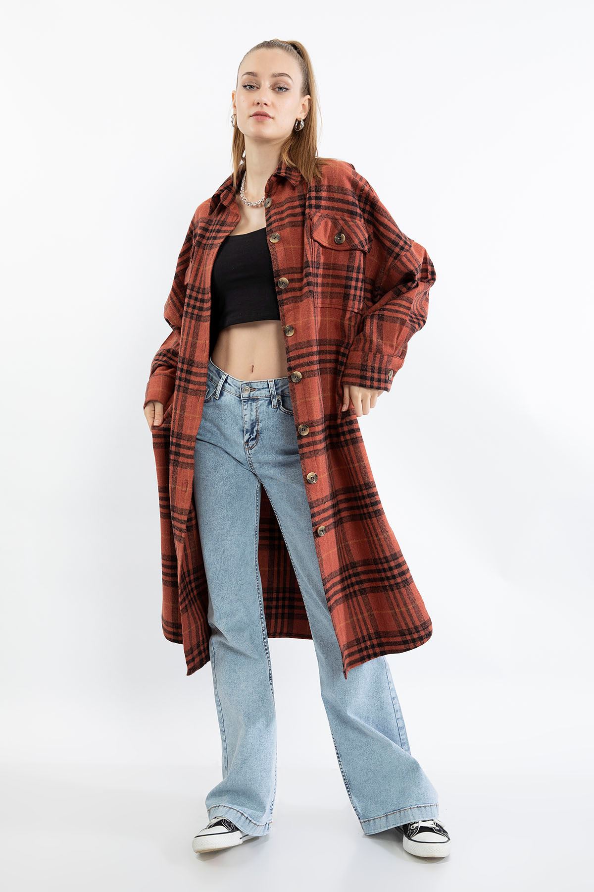 Lumberjack Fabric Long Sleeve Long Oversize Plaid Women'S Shirt - Brick 