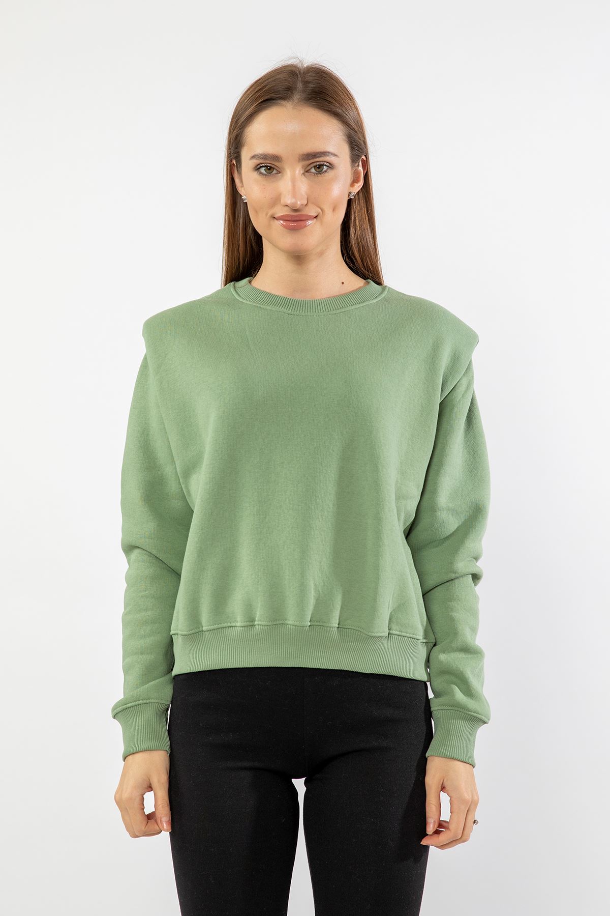 Third Knit Fabric Long Sleeve Bicycle Collar Padded Women Sweatshirt - Mint