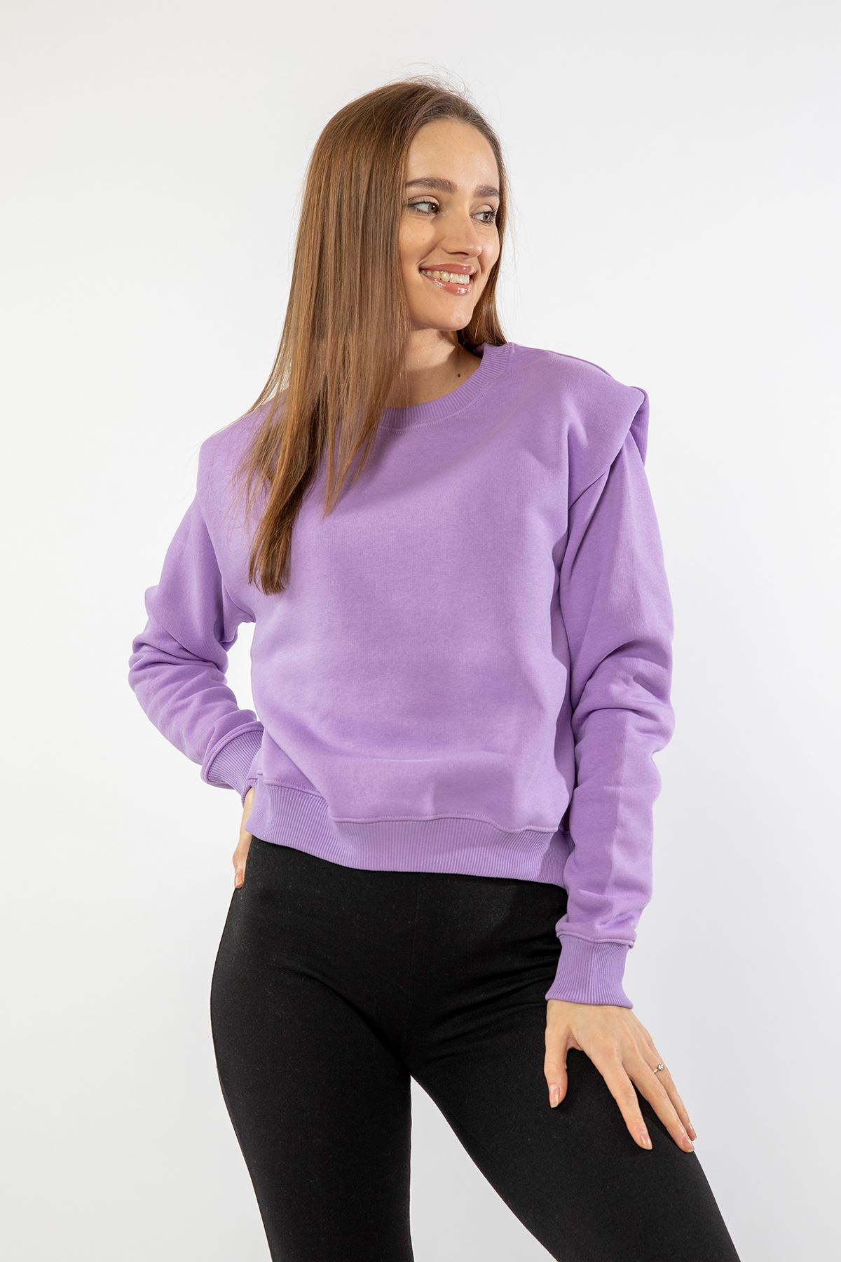 Third Knit Fabric Long Sleeve Bicycle Collar Padded Women Sweatshirt - Lilac