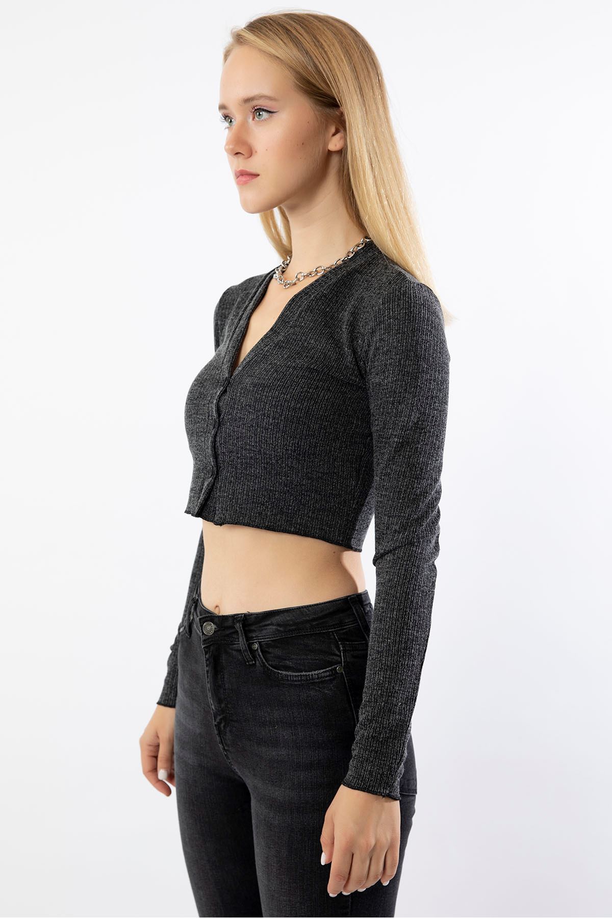 Knitwear Fabric Long Sleeve Bicycle Collar Short Women Cardigan - Anthracite 