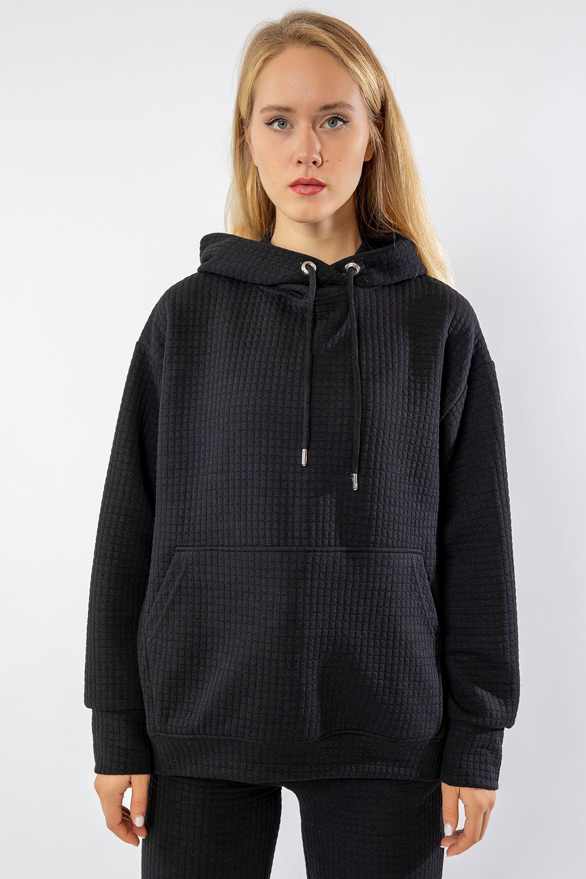 Honeycomb Fabric Long Sleeve Hooded Hip Height Oversize Women Sweatshirt - Black