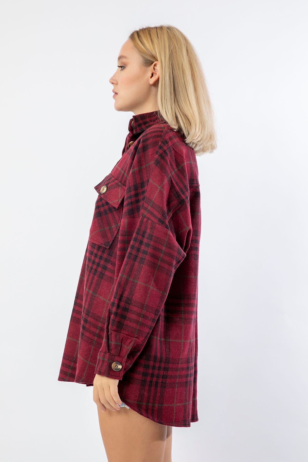 Lumberjack Fabric Long Sleeve Below Hip Oversize Plaid Women'S Shirt - Burgundy